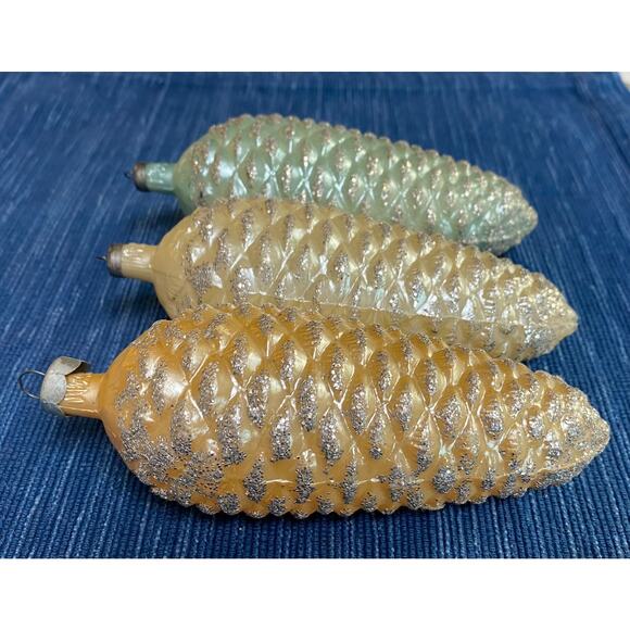 3 Vintage Glass Glitter Italy Pinecone Christmas Tree Ornament Lot 5.5" XMas 42B - Picture 4 of 5